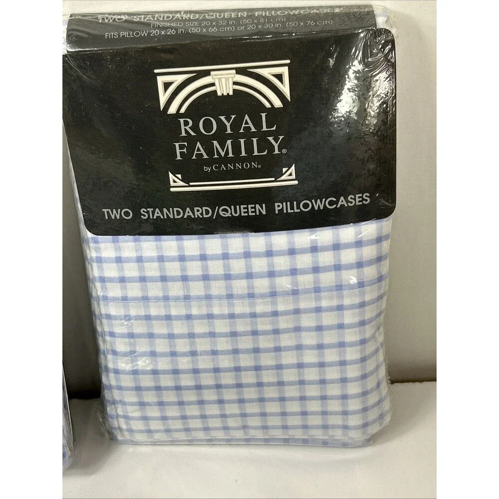 Vtg Royal Family Cannon 2 Twin Flat Sheet 2 Queen Pillowcase Blue Gingham NOS